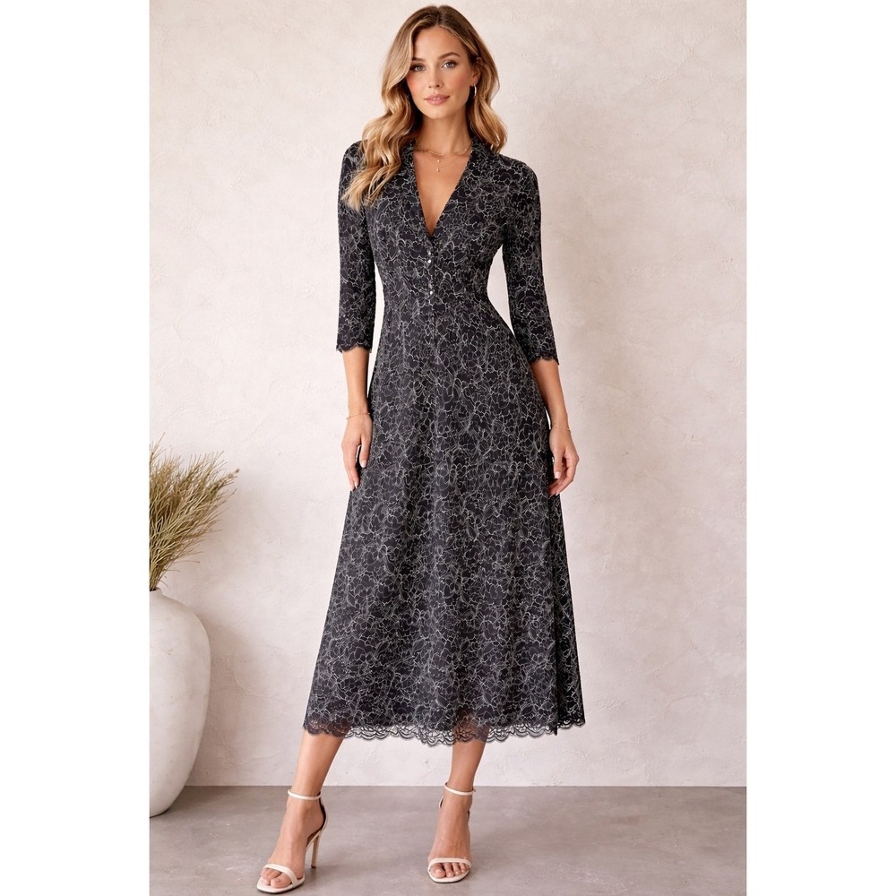 Roseanna Robe Fiore Doll Navy Floral Lace Midi Dress Size 34 US 2 NWT